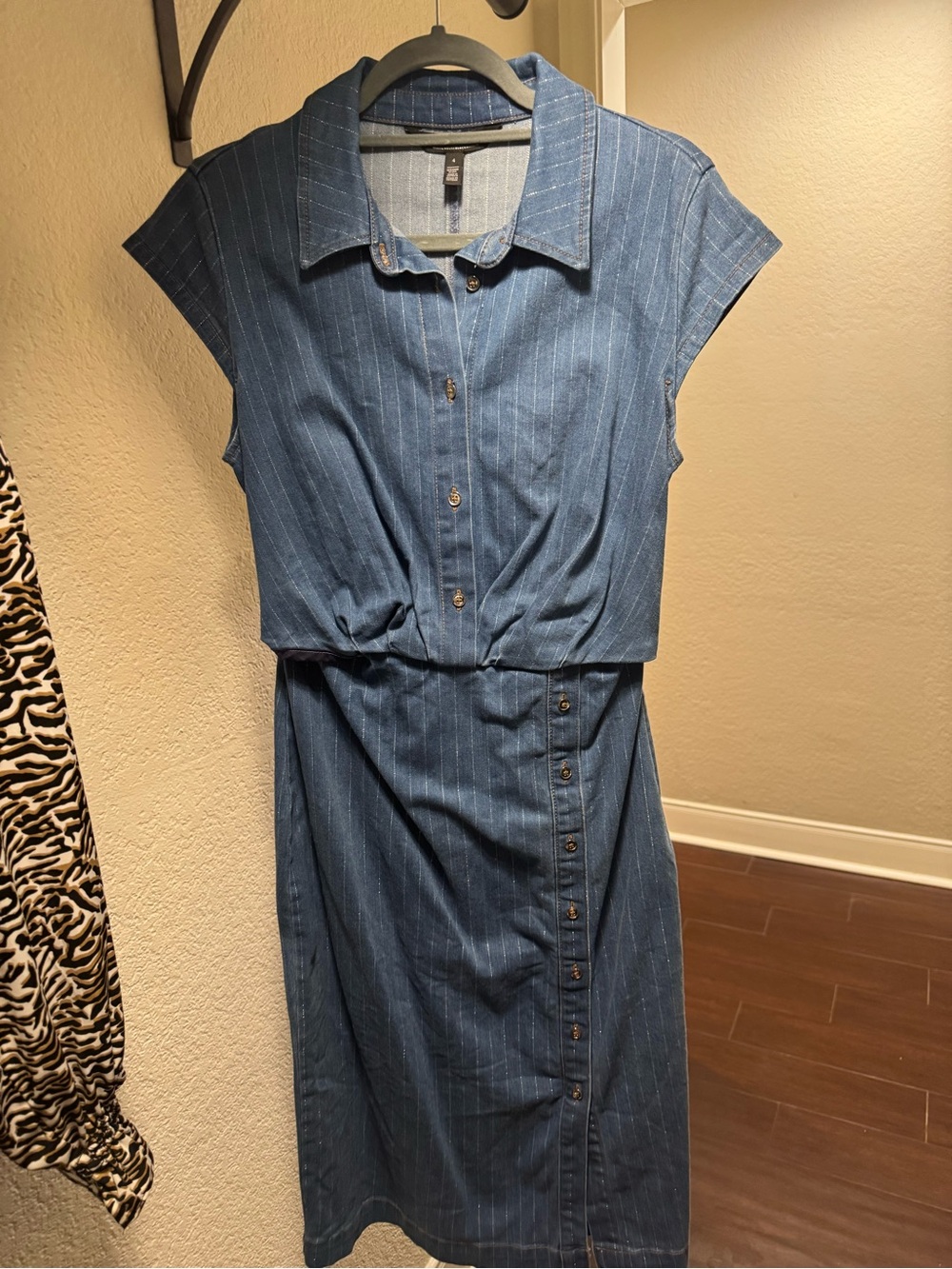 White House Black Market Blue Pinstripe Midi Shirt Dress